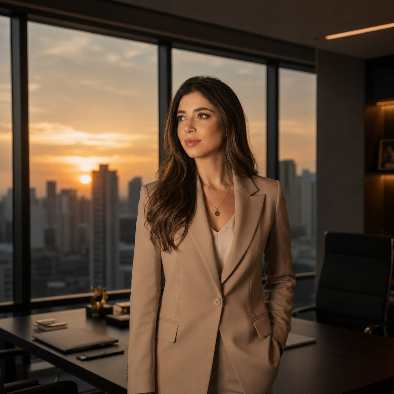 Líder empreendedora em escritório premium nos Jardins, São Paulo, ao entardecer